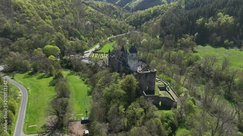 Aerial view of Bürresheim Castle, municipality of Sankt Johann, Rhineland-Palatinate, Mayen, Germany