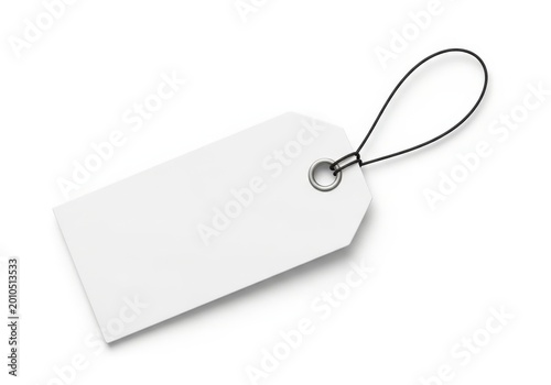 Blank tag attached with a black string loop on a white background