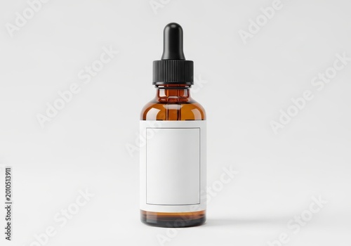 A small amber glass dropper bottle with black cap on a plain background