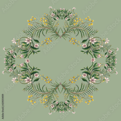 Motif mimosa sur fond vert