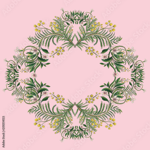 Motif mimosa sur fond rose