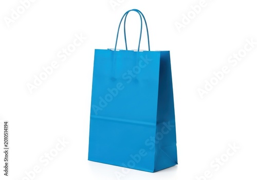 Bright blue shopping bag with sturdy handles standing upright against a plain background