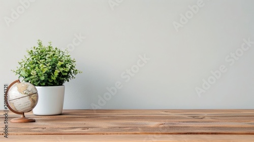Minimalist wooden desk setup with a decorative globe and vibrant potted plant showcasing bright natural light and clean composition ideal for study or office decor