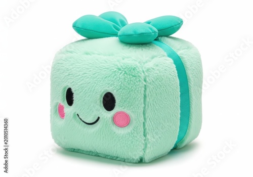 Cute cartoonish cube-shaped plush toy with cheerful facial features and ear attachments
