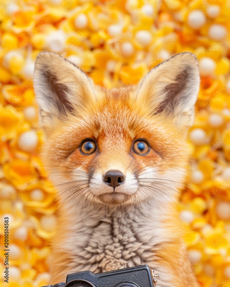 Obraz premium Cute red fox cub with bright blue eyes looks directly at viewer. Soft fur, alert ears, and curious expression. Background is vibrant yellow with white spherical elements. Perfect for advertising