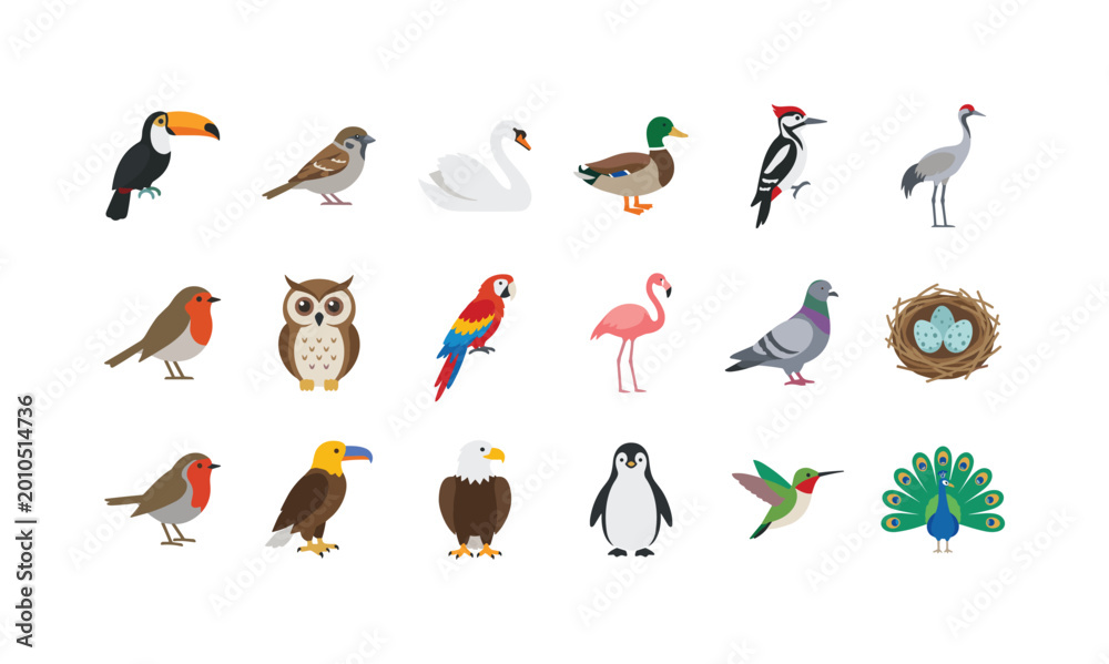 Fototapeta premium Collection of diverse cartoon birds in a flat design style
