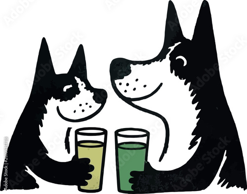 Two dogs toasting with drinks in glasses on checkered background, friendship celebration.