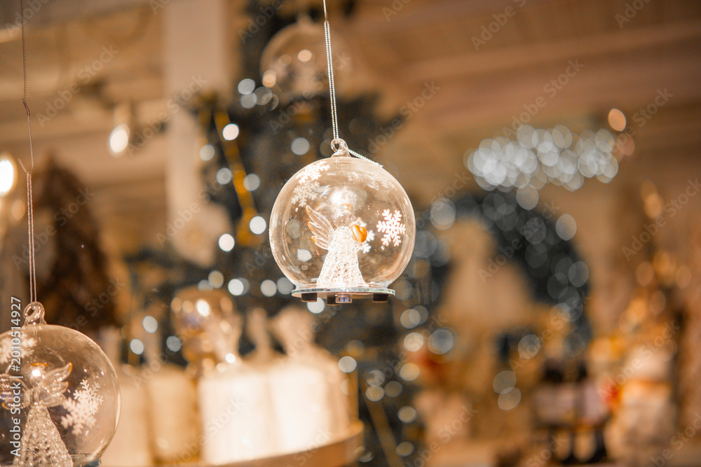 Fototapeta premium Clear Christmas ornaments with angels and snowflakes