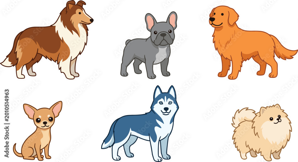 Obraz premium Cute Dog Breeds Illustration Set with Collie, French Bulldog, Golden Retriever, Chihuahua, Husky, and Pomeranian for Pet and Animal Design