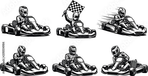 Εκτύπωση καμβά Go Kart Racing Vector Set Featuring Drivers in Helmets Racing Fast Holding Check