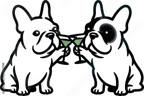 Two french bulldogs toasting with green cocktail glasses for friendship and pet celebration concept artwork.