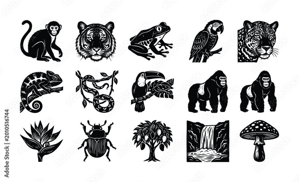 Fototapeta premium Collection of jungle animals and flora in a linocut style