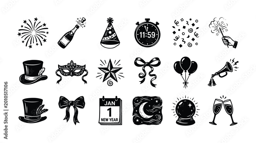 Fototapeta premium New Year's Eve celebration icons and symbols for festive design