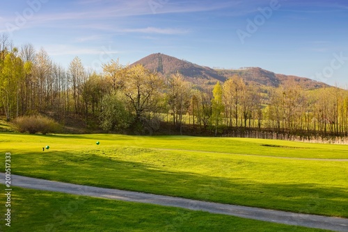Spring nature at the Celadna golf course in the Beskydy Mountains in Moravia, Czech Republic.