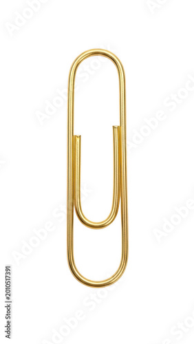 Gold metal paperclip isolated on white background with paperclip