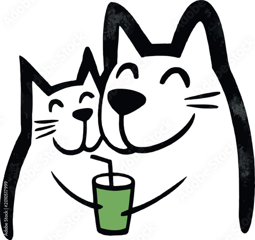Two happy cats sharing a green drink with straw on checkered background, friendship.