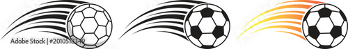 Soccer ball flying icon set, football kick with motion trail and fire flames, goal and speed effects, sports tournament symbols, fast action game elements, black vector graphic collection.