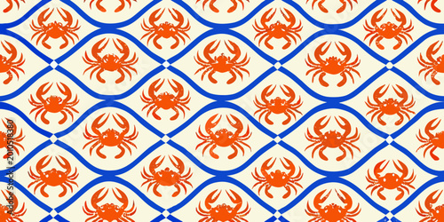 Crab pattern seamless repeat with orange crabs and blue waves