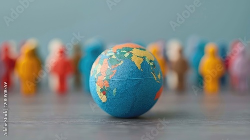 Conceptual image depicting a small globe surrounded by an out of focus multitude of diverse colorful figurines representing global  international collabo n and the collective human comm