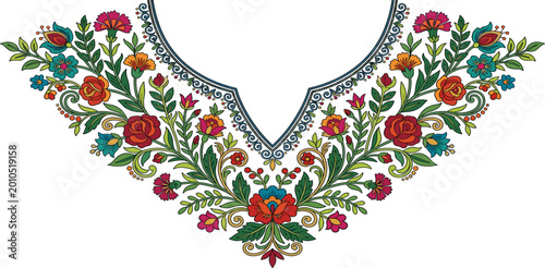 Photos Traditional Floral Neckline Embroidery Design with Colorful Flowers and Leaves E