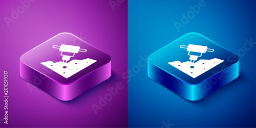 Isometric Construction jackhammer and stone icon isolated on blue and purple background. Square button. Vector