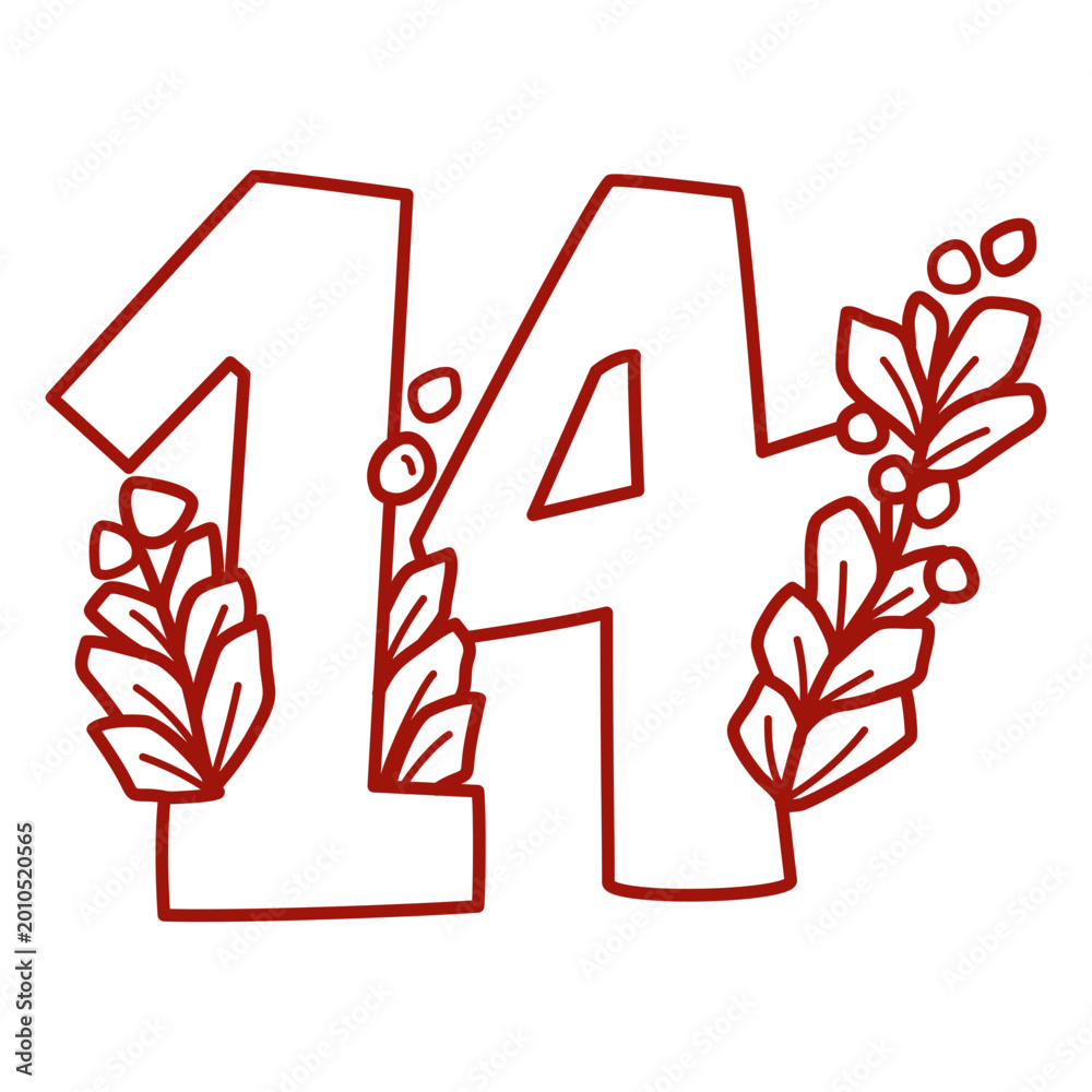 Naklejka premium The number 14 in red with leaves on it