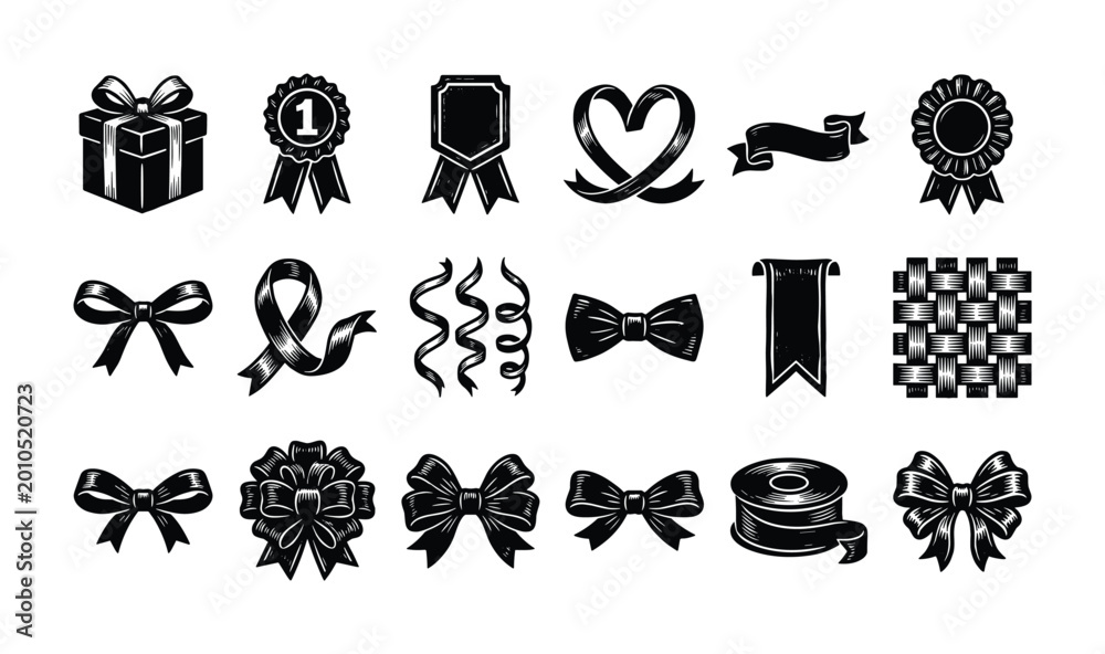 Fototapeta premium Collection of decorative ribbons, bows, and gift elements in black and white