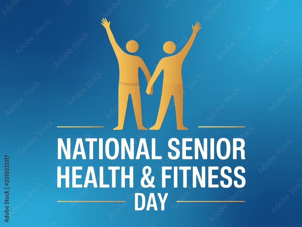 Fototapeta premium National senior health and fitness day illustration with two active people holding hands on a blue background