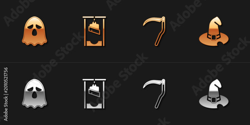 Schilderij op canvas Set Ghost, Guillotine, Scythe and Witch hat icon. Vector