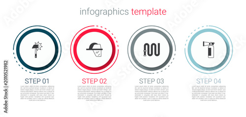 Set Firefighter axe, helmet, hose reel and extinguisher. Business infographic template. Vector