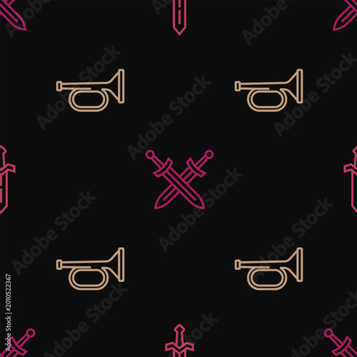 Cuadro en lienzo Set line Medieval sword, Trumpet and Crossed medieval on seamless pattern