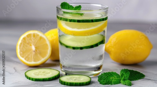 Vibrant glass filled with cool healthy cucumber and lemon water accompanied by fresh produce and mint sprigs perfect for hyd n and wellness