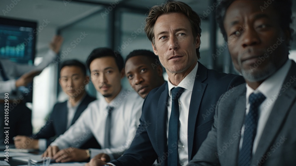 Obraz premium Diverse business team in corporate meeting room. Leadership, teamwork, and professional collaboration concept.