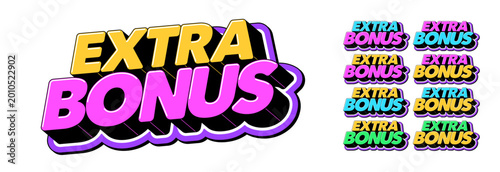 Extra bonus deal, text icon set for promotion. Text Extra bonus in 3D style, special offer for discount season, free gift and reward. Extra bonus tag, isometric title in pop art style, vector set