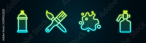 Set line Paint spray can, brush, and gun. Glowing neon icon. Vector
