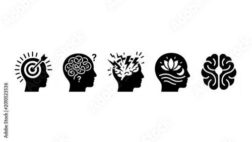 Fotografie Mental States Black Silhouette Icon Set Brain Focus Calm Stress Confusion Vector