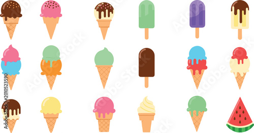 Fotografía Flat style ice cream and popsicle collection with cones, colorful frozen dessert