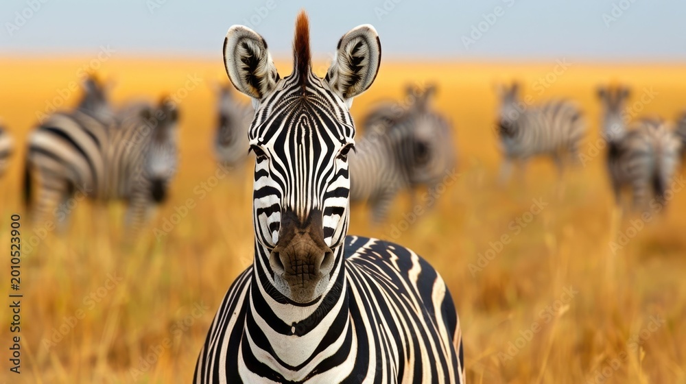 Naklejka premium A detailed close up of a zebra s face showcasing its striking black and white stripes with a herd of other zebras visible in the soft focus background of an African savanna