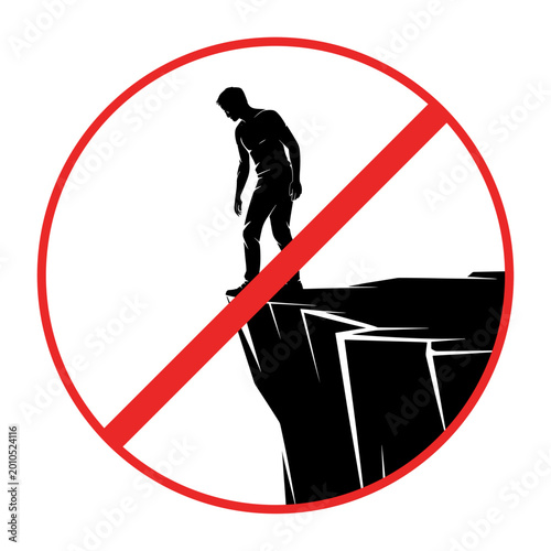 Warning sign : Standing on the edge of a ditch is risky,Silhouette Illustration.