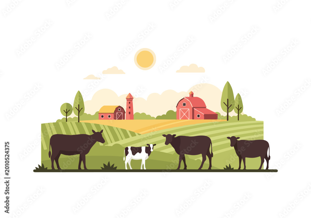 Fototapeta premium Cows standing in a green field with a farm and barn in the background at sunset