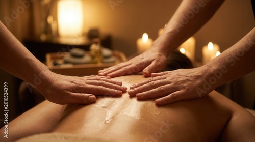 Four hands massaging a person's back in a warm candlelit spa with selective focus