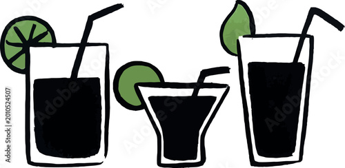 Variety of dark colored drinks in glasses, summer beverages, retro style, lime garnish, vector illustration.