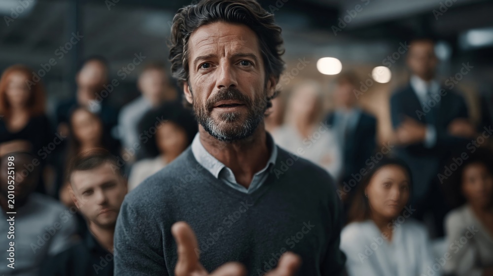 Fototapeta premium Mature businessman speaking to diverse crowd in modern office. Leadership, public speaking, team communication, and corporate vision concept.