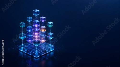 Naklejka Abstract digital data network concept. Glowing transparent cubes forming a block structure representing blockchain technology and cloud computing.