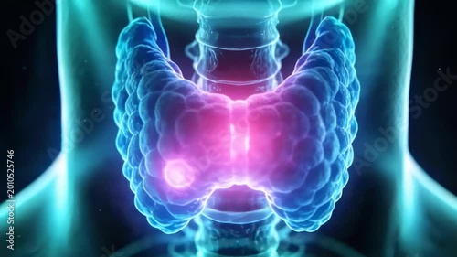 Starting 3D thyroid animation brightening magenta region at front neck, highlighting left nodule
