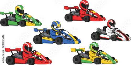 Foto Collection of colorful go kart racing vehicles with drivers, fast motorsport com
