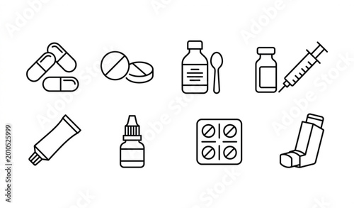 Tableau sur toile Dosage forms linear icon set with pharmaceutical medicine types in clean medical