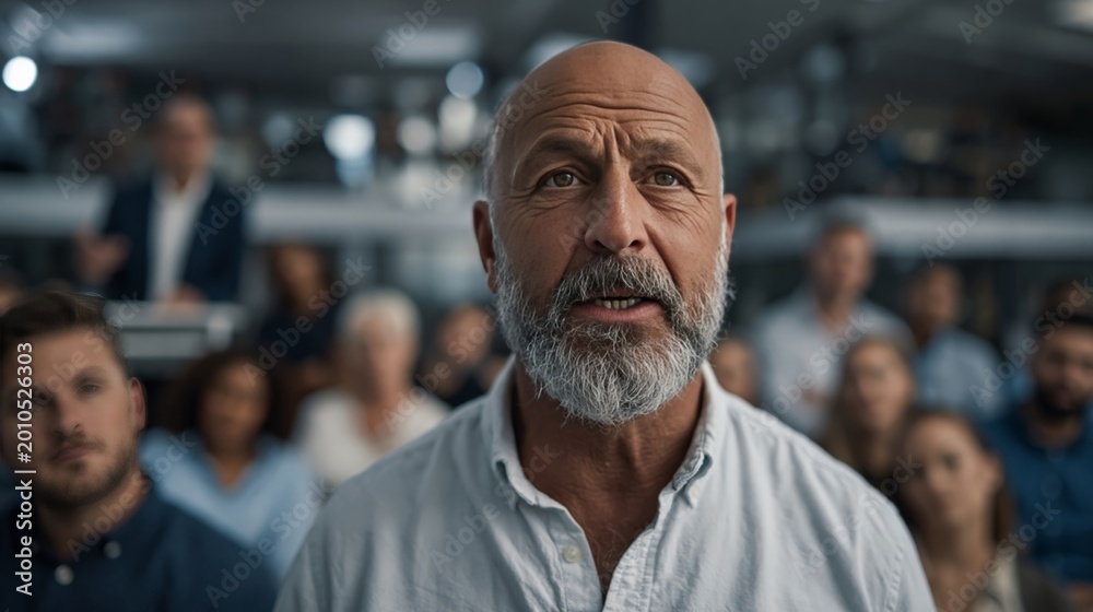 Fototapeta premium Mature bearded man speaking to diverse crowd in modern office. Leadership, public speaking, team communication, and business presentation concept.