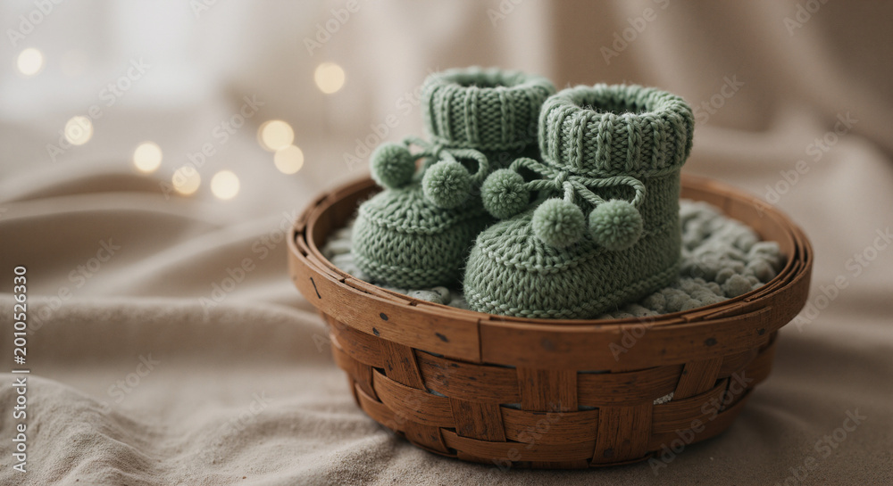 Obraz premium Baby booties in a woven basket with soft fabric background 