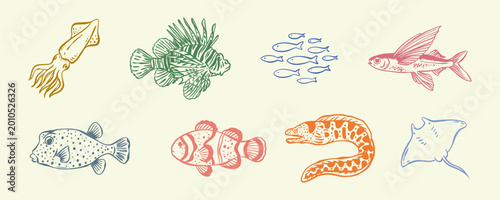 Ocean life and sea creatures icon set. Trendy hand-drawn line art of fish, squid, stingray, and coral reef inhabitants. Perfect for seafood menus, aquarium branding, and summer designs.